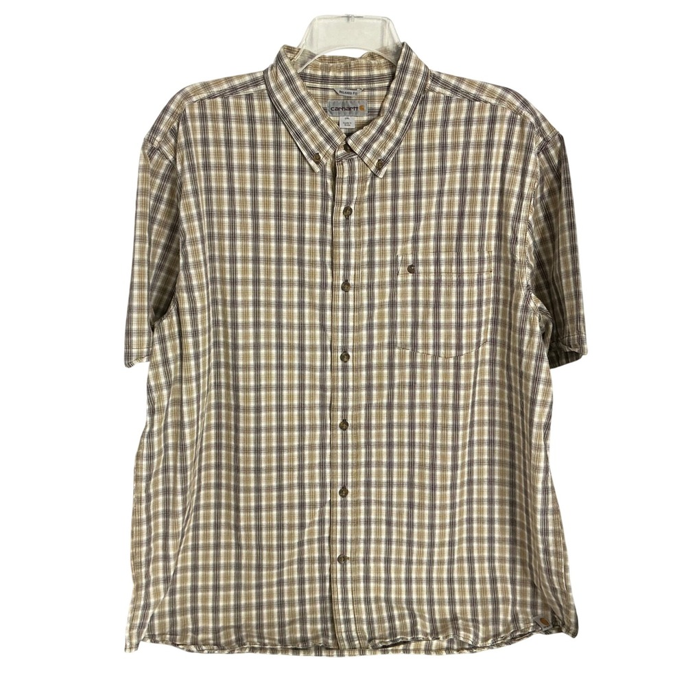 Carhartt Mens 2XL Relaxed Fit Short Sleeve Plaid Button Down Shirt‎ Brown 101155
